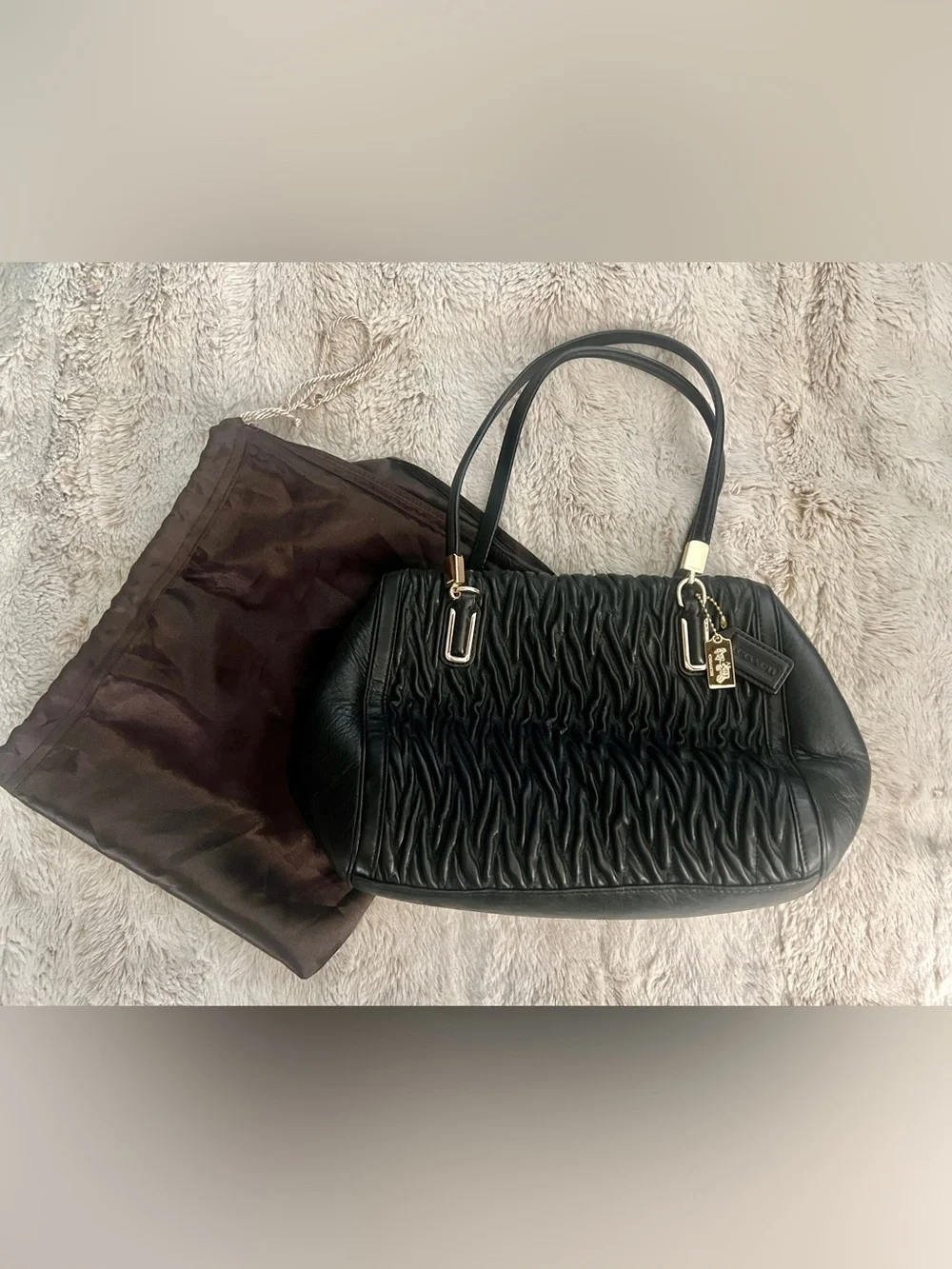 Coach Madison Gathered Black Leather Small Madeline Satchel with Gold Hardware